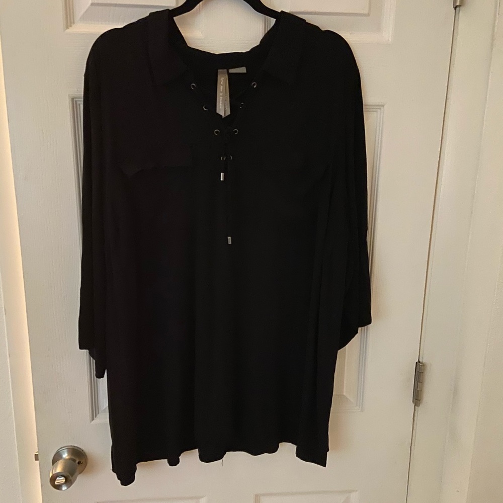 4x black lace-up 3/4 length blouse, flattering!🖤